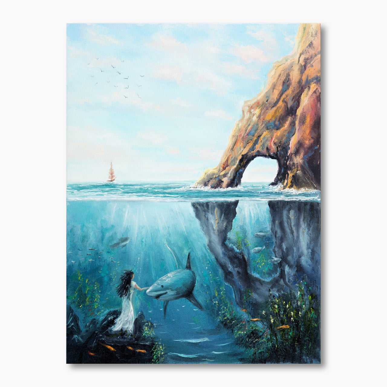 Designart - Underwater Fairy And Shark Ocean And MountaIn World - Nautical & Coastal Canvas Wall Art Print